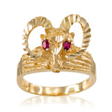 Textured Gold Rams Head Red CZ Ring