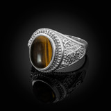 White Gold Masonic Tiger Eye Gemstone Statement Ring