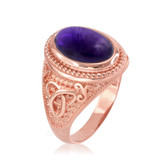 Rose Gold Celtic Knot Band Purple Amethyst Cabochon Statement Ring