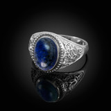 White Gold Lotus Yoga Lapis Lazuli Gemstone Statement Ring