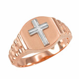 Two-Tone Rose Gold Christian Religious Cross Round Watchband Ring