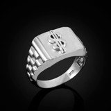 White Gold Dollar Sign Mens Ring