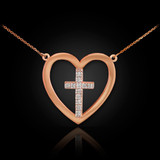 14K Rose Gold Open Heart Diamond Cross Necklace