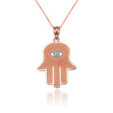 Rose Gold Hamsa Clear CZ Evil Eye Pendant Necklace