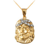 Yellow Gold Jesus Face CZ Charm Necklace
