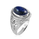 White Gold Egyptian Ankh Cross Lapis Lazuli Statement Ring