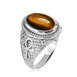 White Gold Egyptian Ankh Cross Tiger Eye Statement Ring