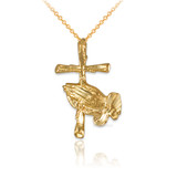 Yellow Gold Praying Hands Cross DC Charm Necklace