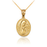 Yellow Gold Praying Virgin Mary Medallion Charm Necklace