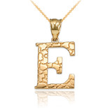 Yellow Gold Nugget Initial Letter "E" Pendant Necklace