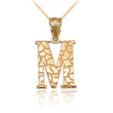 Yellow Gold Nugget Initial Letter "M" Pendant Necklace