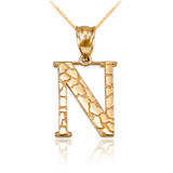 Yellow Gold Nugget Initial Letter "N" Pendant Necklace