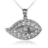 White Gold Evil Eye Diamond White Opal Filigree Pendant Necklace
