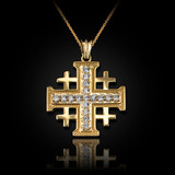 Yellow Gold CZ Jerusalem Cross Pendant Necklace