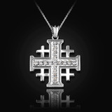 White Gold CZ Jerusalem Cross Pendant Necklace