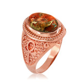 Rose Gold Egyptian Ankh Cross Orange Copper Turquoise Ring