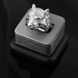 Mens Sparkle-Cut White Gold Tiger Head Ring