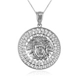 White Gold Medusa CZ Medallion Pendant Necklace