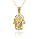 Yellow Gold Filigree Hamsa Evil Eye Charm Necklace