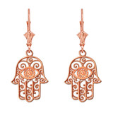 14K Rose Gold Filigree Hamsa Evil Eye Earrings