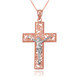 Two-Tone Rose Gold Filigree Crucifix Cross DC Pendant Necklace