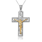 Two-Tone White and Yellow Gold Filigree Crucifix Cross DC Pendant Necklace