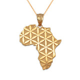 Yellow Gold Africa Map Flower of Life Pendant Necklace