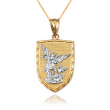 Two-Tone Yellow Gold St. Michael Shield Pendant Necklace