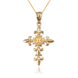Yellow Gold Fleur de Lis Cross Pendant Necklace