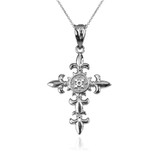 White Gold Fleur de Lis Cross Pendant Necklace
