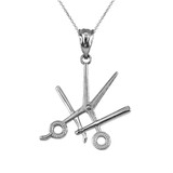 White Gold Barber Shop Scissors Razor Blade Pendant Necklace