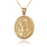 Yellow Gold Jesus Christ Oval Medallion Satin DC Pendant Necklace