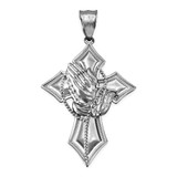 White Gold Praying Hands Catholic Cross Pendant