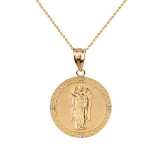 Solid Gold Archangel Saint Gabriel Diamond Medallion Pendant Necklace 1.02"