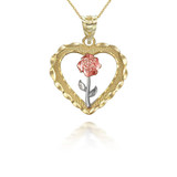 Tri-tone Gold Heart Rose Pendant Necklace
