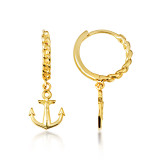 Yellow Gold Nautical Anchor Cuban Link Huggie Earrings