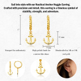 Yellow Gold Nautical Anchor Cuban Link Huggie Earrings
