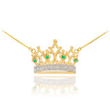 14K Gold Royal Crown Necklace with Emeralds & Diamonds