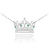 14K White Gold Royal Crown Necklace with Emeralds & Diamonds