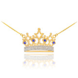 14K Gold Royal Crown Necklace with Blue Sapphires & Diamonds