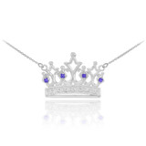 14K White Gold Royal Crown Necklace with Blue Sapphires & Diamonds