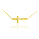 14K Gold Sideways Small Curved Diamond Cross Pendant Necklace