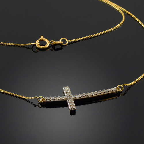 14K Gold Sideways Diamond Curved Cross Pendant Necklace