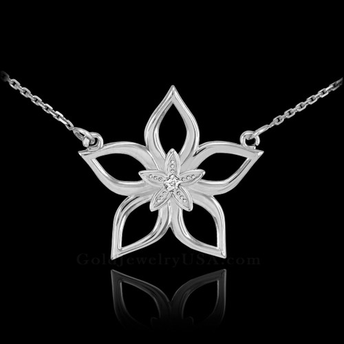 14k White Gold Diamond Star Flower Necklace