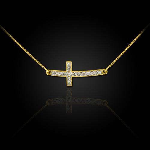 Curved Cute Diamond Sideways Cross Gold Necklace