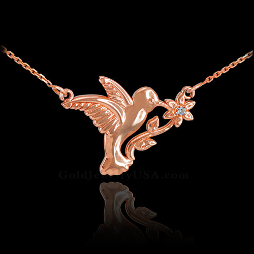 14k Rose Gold Hummingbird with Diamond Flower Necklace