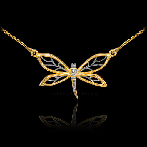 14k Gold Diamond Dragonfly Filigree Necklace