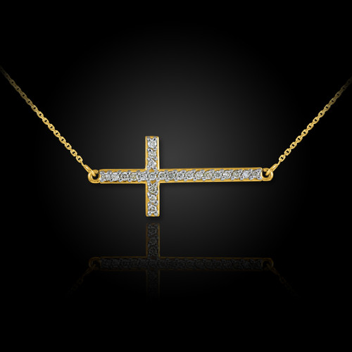 14K Gold Sideways Diamond Cross Pendant Necklace