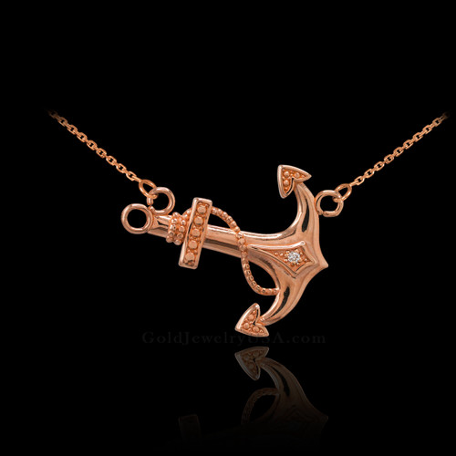 14K Rose Gold Sideways Anchor Diamond Necklace