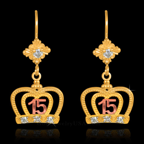 Multi-Tone Gold Quinceanera Crown CZ Earrings